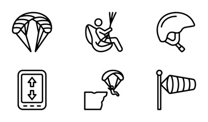 Paragliding Icons Set, Extreme Sports Vector Graphics, Adventure Equipment Line Art Collection © Abdullah