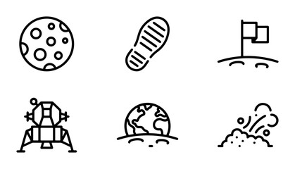 Space Exploration Icons Set: Moon, Footprint, Flag, Lander, Earth, Dust Cloud Vector Graphics © Abdullah