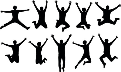 Diverse group of people in silhouette performing energetic jumping poses conveying joy and freedom © md manik hossain