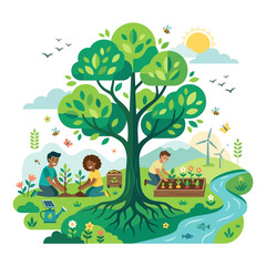 Fototapeta premium Eco-Friendly Community: Planting Trees and Nurturing Nature, Vector Illustration