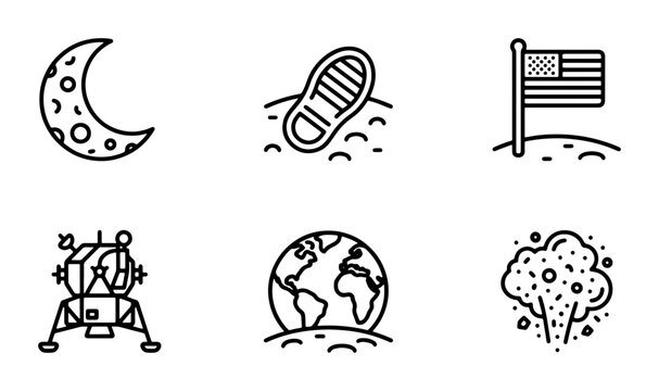 Space Exploration Icons: Moon, Footprint, Flag, Lander, Earth, Dust Cloud, Vector Set