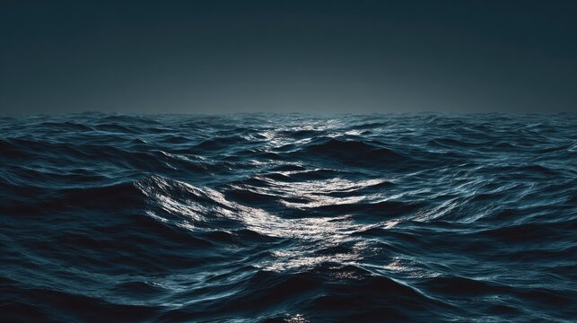 Wide view of open ocean with sunlit waves during daytime with cloudy sky background