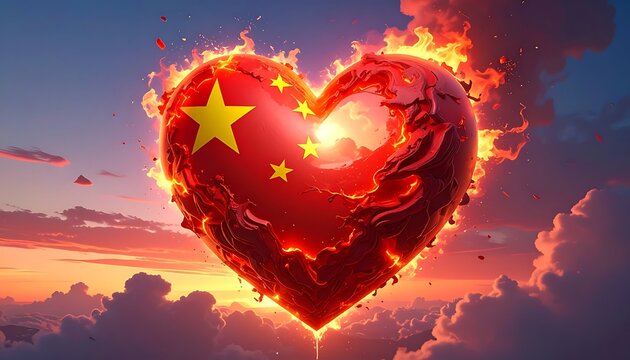 A heart-shaped symbol with flames and a Chinese flag pattern