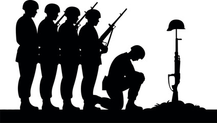 Fototapeta premium Soldiers in silhouette paying respects at a fallen comrades memorial with a rifle and helmet