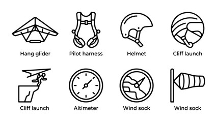 Paragliding and Hang Gliding Icons: Pilot Harness, Helmet, Altimeter, Wind Sock, Cliff Launch © Md