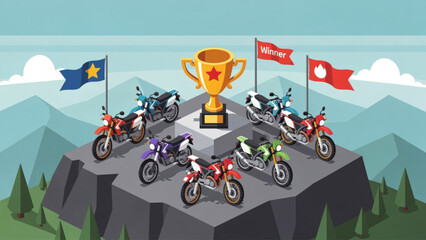 Motorcycle race winners celebrating on podium with trophies and flags in vibrant setting © Fariz Gj