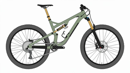 Modern green mountain bike with suspension and disc brakes set against white background © Fariz Gj