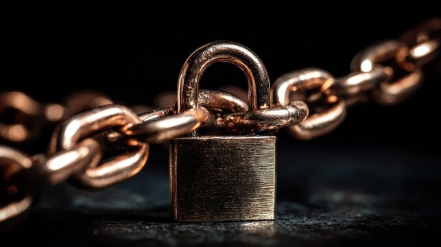 Close-up of a metal chain with a padlock symbolizing security, protection, and safety against threats and unauthorized access