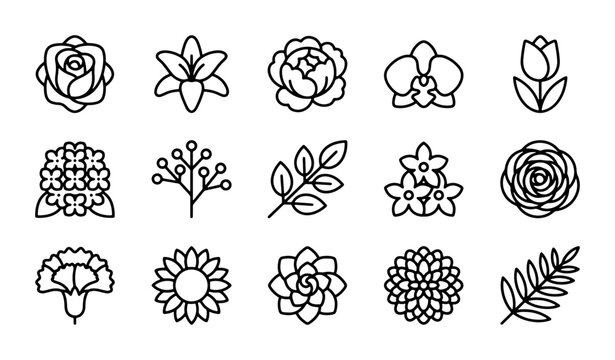 Elegant Floral Icons Set, Botanical Line Art Vector Collection, Delicate Flower Graphics
