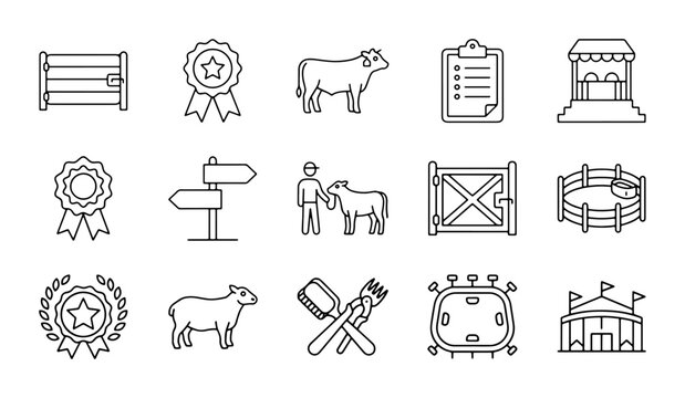 Farm Animal Icons Set, Livestock & Agriculture Symbols, Rural Life Vector Graphics
