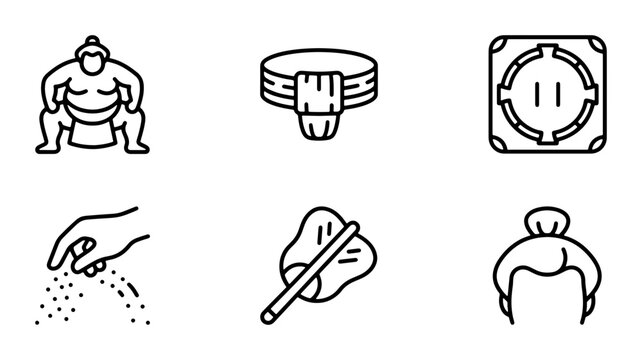 Sumo Wrestling Icons Set: Athlete, Mawashi Belt, Ring, Salt, Fan, Hairstyle Vector Graphics