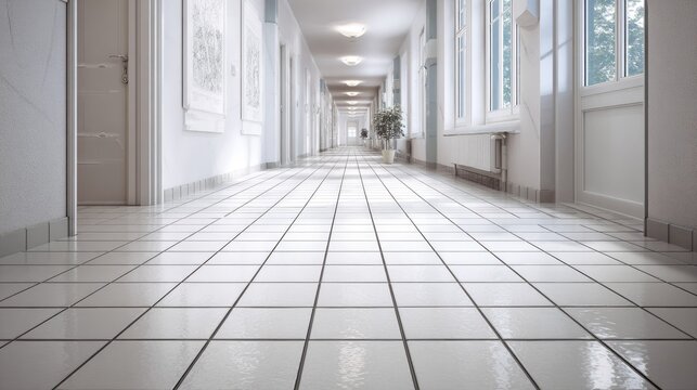 Well-lit corridor with white tiled floor, large windows, and potted plant at the end, bright modern hall, clean passageway in building, day view