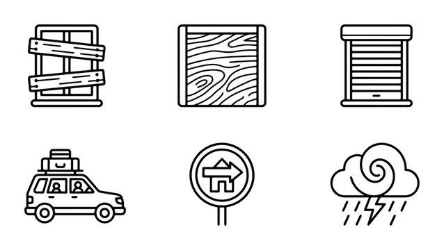 Moving House Icons: Boarded Window, Car Travel, Storm, Home Sign, Wooden Panel, Roller Shutter