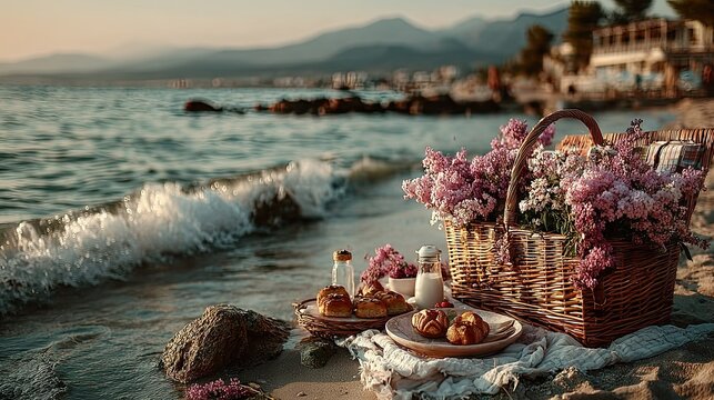 Tranquil seaside picnic setup with basket, fresh flowers, pastries, and beverages on rocky beach with calm waves and distant mountains