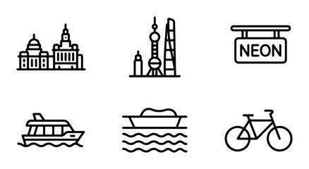 Naklejka premium City Icons: Buildings, Boat, Neon Sign, Bicycle, Vector Set for Urban Exploration
