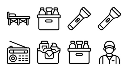 Fototapeta premium Camping Gear Icons: Bed, Cooler, Flashlight, Radio, Supplies, Person, Vector Set