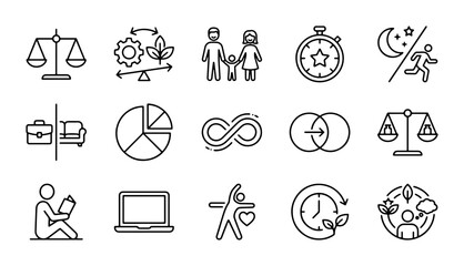 Fototapeta premium Balance Icons: Work Life, Health, Time, Family, Infinity, Scales, Pie Chart