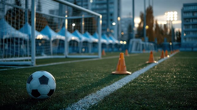 Soccer Goalpost On Artificial Turf Field With Cones And Soccer Ball At Practice Or Game Setting In Urban Environment