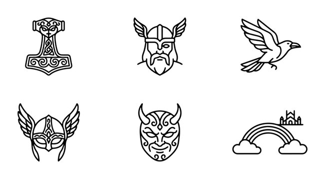 Norse Mythology Icons: Thor's Hammer, Viking Helmets, Odin's Ravens, Mythical Masks, Rainbow Bridge