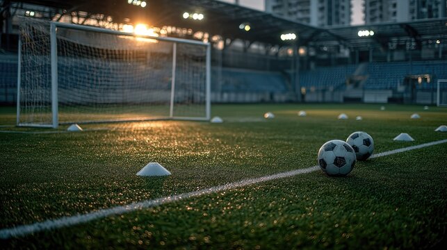 Soccer Field with Goalposts and Soccer Balls at Sunset, Night-time Sports Training and Practice on a Green Grass Stadium