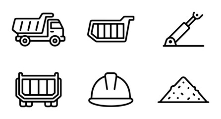 Construction Icons Set: Dump Truck, Tipper Truck, Hydraulic Cylinder, Hard Hat, Pile of Sand © Kawsar