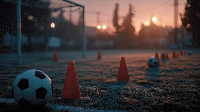 Early Morning Soccer Practice on Grass Field with Cones and Soccer Balls During Sunrise in Outdoor Sports Setting