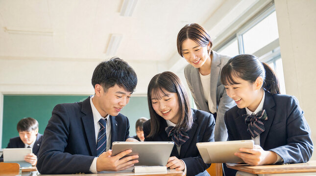 タブレット端末で学習する日本人の生徒たちのイメージ