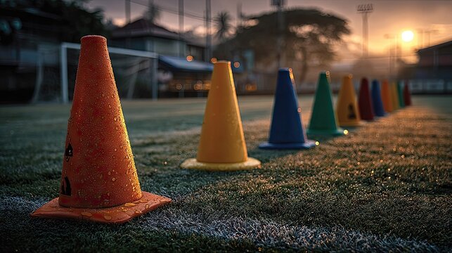Colorful Traffic Cones Arranged on Sports Field at Sunset for Training or Practice Drills