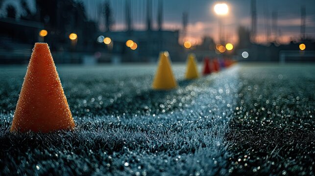 Outdoor sports training area with colorful cones on a synthetic turf field at dusk, preparing for athletic drills and physical fitness exercises