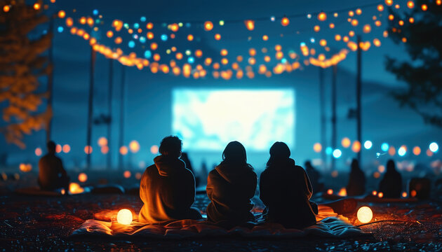 Three friends silhouetted at an outdoor movie night under fairy lights for event background poster or banner cozy cinema scene
