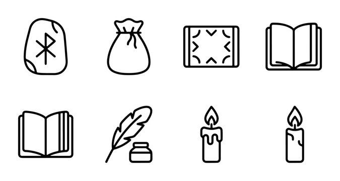 Mystical Rune Stone, Pouch, Mat, Books, Feather Quill, Inkwell, Candles: Esoteric Icons Set