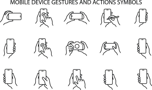 Set of mobile device gestures and actions icons, hand holding smartphone, touch screen interactions, vector line art illustration