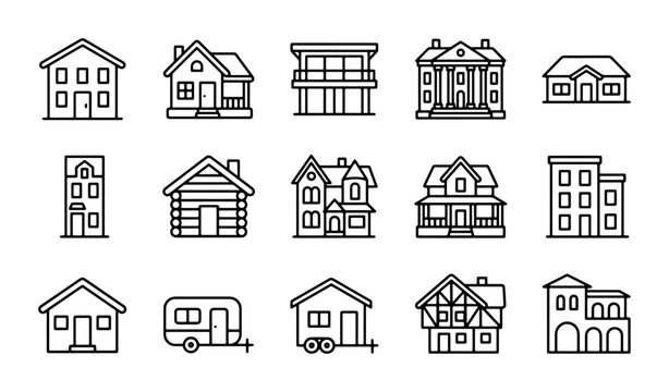 Diverse House Icons Set, Residential Building Collection, Modern and Classic Home Styles, Vector Graphics