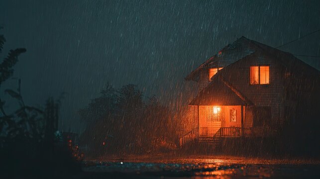 Cozy Two-Story House Illuminated Brightly During Heavy Rain at Night in a Rural Area