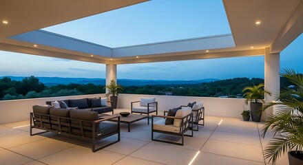 Obraz premium Modern Luxury Rooftop Terrace with Outdoor Furniture and Scenic View at Dusk