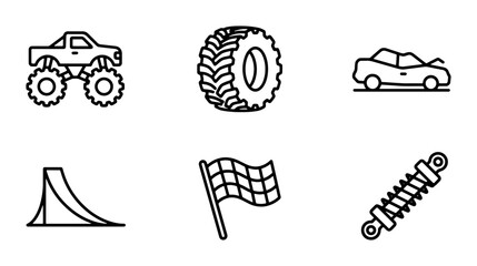 Car Racing Icons: Monster Truck, Tire, Damaged Vehicle, Ramp, Checkered Flag, Shock Absorber © Arif