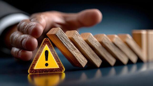 Risk warning concept showing a hand stopping dominoes with illuminated exclamation triangle for safety presentation and poster background