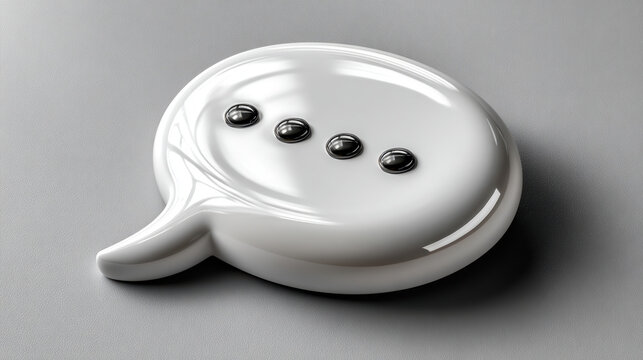 Glossy white chat bubble icon on grey minimal background for app interface button and modern ui design elements