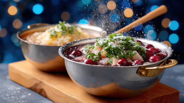Holiday cranberry compote and porridge in metal bowls for seasonal menu photography and festive food banner background