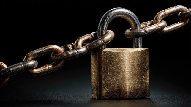 Close-up of a rusty chain and sturdy padlock symbolizing security, safety, and protection against theft or unauthorized access