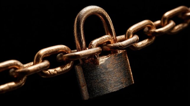 Close-up of a rusty metal padlock and chain on a dark background symbolizing security and protection