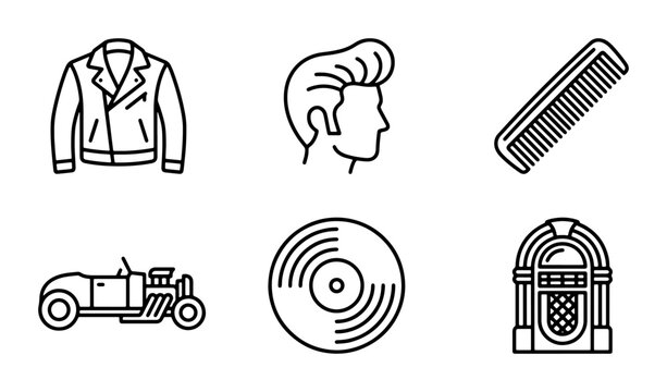 Retro 50s Icons: Leather Jacket, Pompadour Hair, Vinyl Record, Jukebox, Hot Rod Car, Comb
