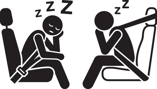 People sleeping in car seats with seat belts fastened.