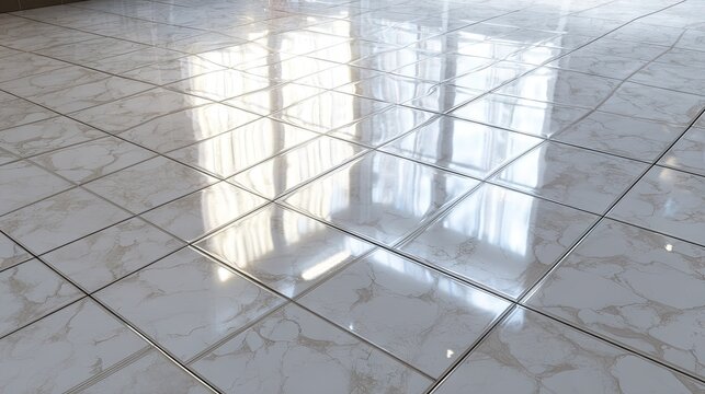 Polished marble floor with reflective surface and tiled pattern in well-lit interior space