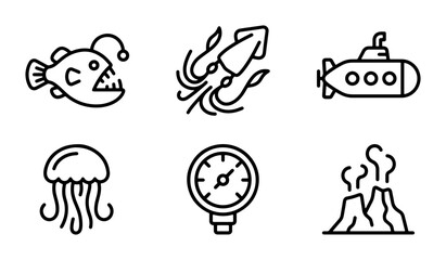 Ocean Icons: Anglerfish, Squid, Submarine, Jellyfish, Gauge, Volcano © Siam