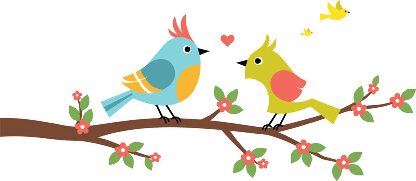 Cute Lovebirds Couple Sitting on Flowering Tree Branch with Red Blossoms and Tiny Flying Baby Birds for Spring Greeting Card Designs