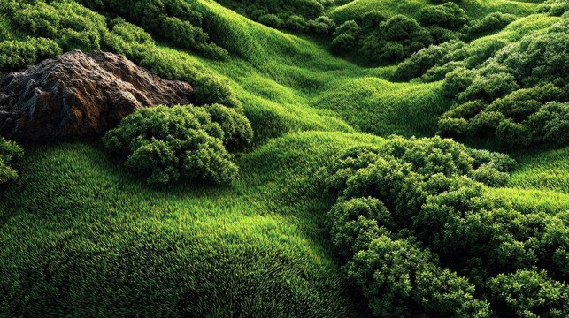 Vibrant Green Hills with Dense Foliage and Rocky Outcrop in a Lush Natural Landscape