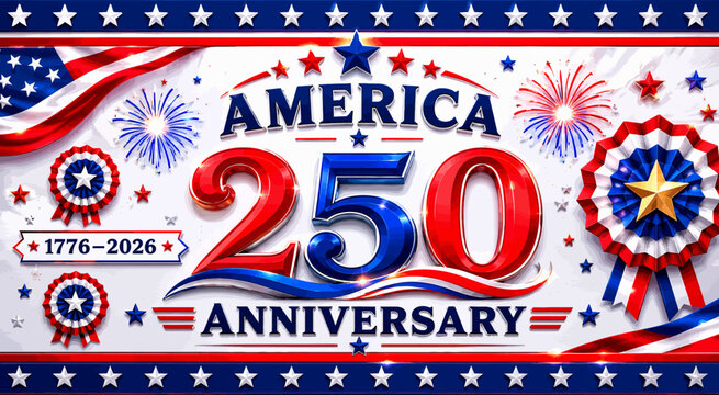 Usa 250th anniversary celebration banner with fireworks and rosettes