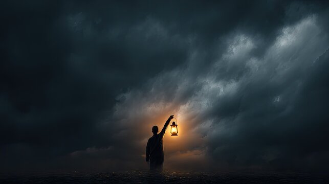 Person Holding Lantern During Sunset Under Dramatic Cloudy Sky with Ocean Background, Silhouette