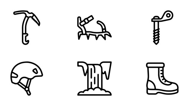 Mountain Climbing Gear Icons, Ice Axe, Crampons, Helmet, Boot
